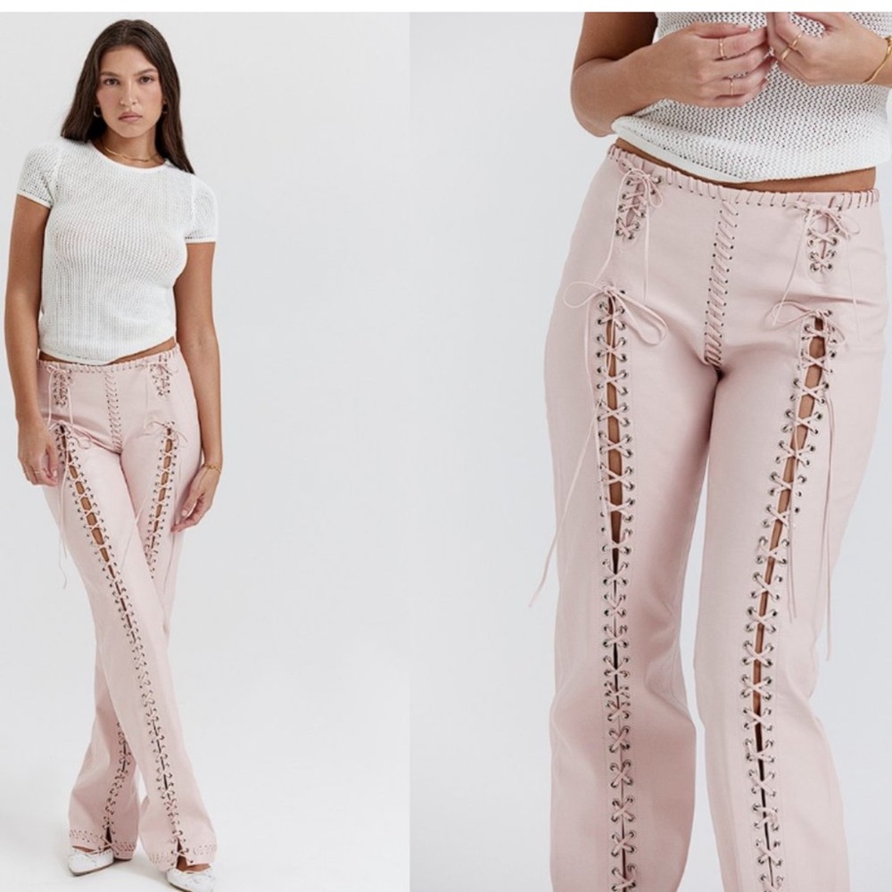 HOUSE OF CB 'Elliot' Peach Vegan Leather Lace Up Trousers NWOT